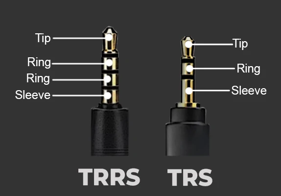 Close-up of TRS and TRRS audio connectors, showcasing the differences in design and pin configuration, on a sleek black background. Include a subtle focus on metallic finishes and plastic casing details, highlighting their practical uses in audio equipment.