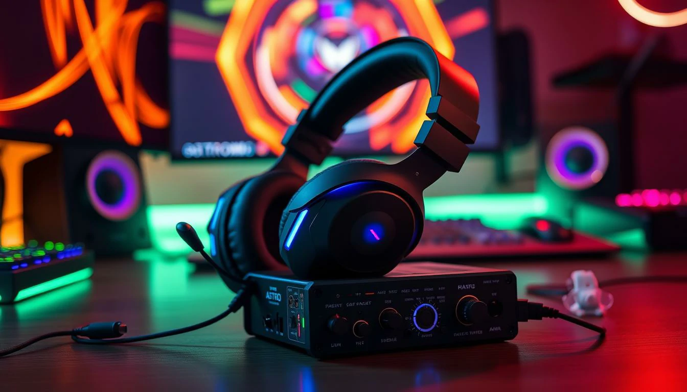 Astro A40 TR headset + MixAmp, futuristic design, sleek headphones with adjustable microphone, vibrant colors, ergonomic features, glowing accents, surrounded by sound waves and visual representations of surround sound technology, high-tech gaming environment.