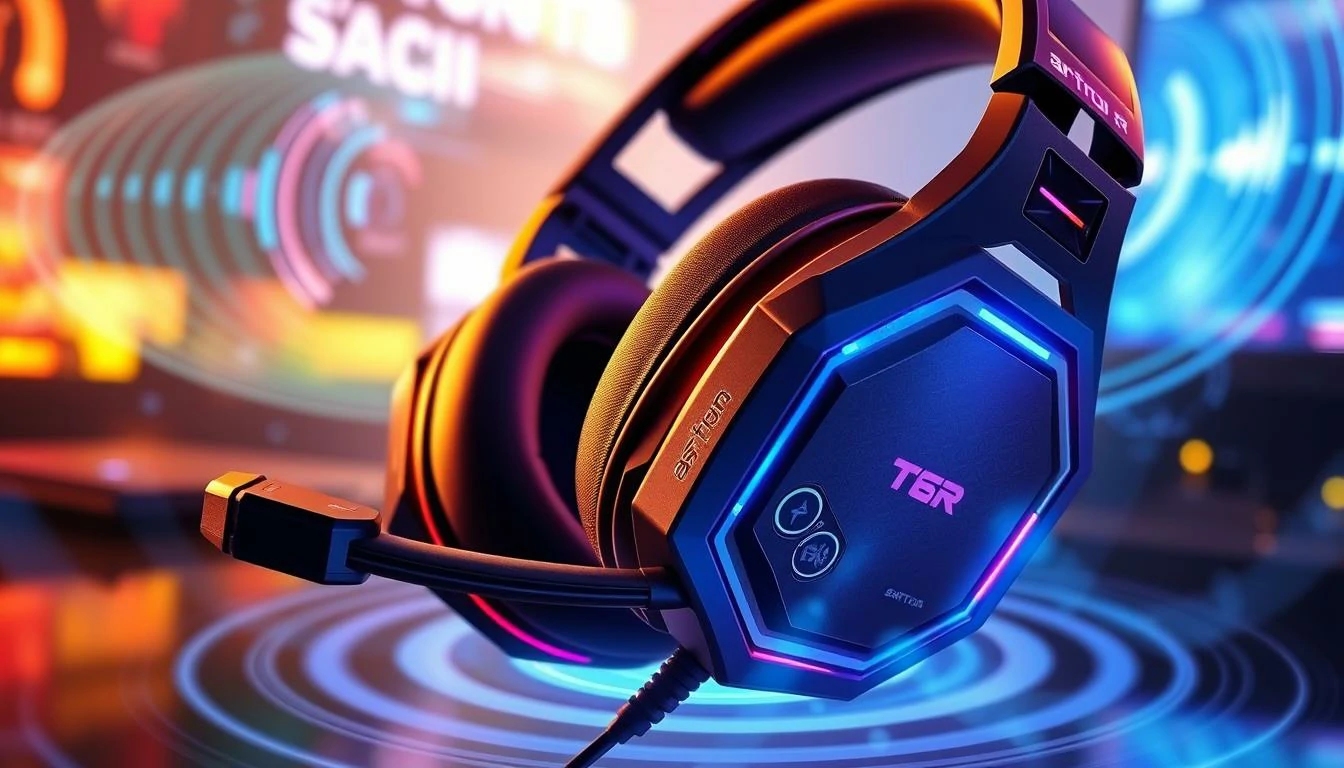 Astro A40 TR headset + MixAmp Pro 2019, sleek gaming setup, high-tech audio equipment, immersive gaming environment, vibrant LED lighting, clear sound clarity, modern design elements, detailed close-up of the headset and MixAmp on a gaming desk, dynamic shadows, stylish background