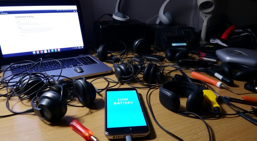 why can i hear myself in my headset, why cant i hear from headset connected to ps4 controller​,why isn't my headset pairing​, why can i hear myself in my headset​, why does my headset keep cutting out
A cluttered desk featuring a variety of headsets with tangled wires, a laptop displaying connection error messages, and a smartphone with a low battery warning. Surrounding the scene are scattered tools like a screwdriver, headphones split open, and an assortment of charging cables, all set in a dimly lit room to emphasize the frustration of connectivity issues.