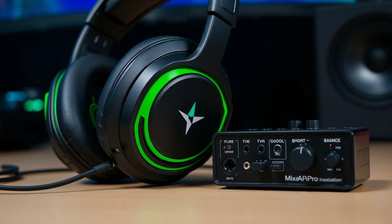 “Astro A40 TR headset + MixAmp Pro 2019, sleek gaming headset design, modern aesthetic, black and green color scheme, comfortable ear cushions, adjustable microphone, high-quality audio equipment, detailed texture, studio lighting”