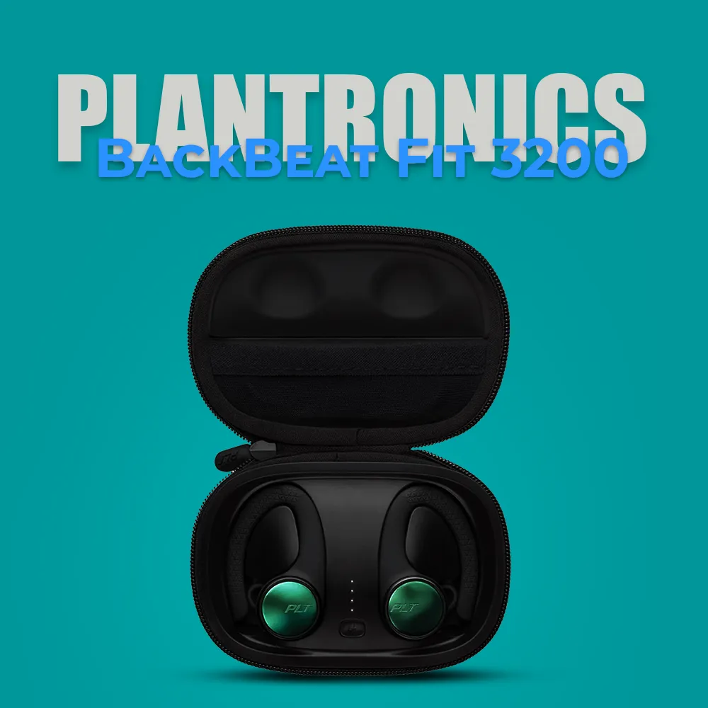 Poly BackBeat Fit 3200 true wireless earbuds with a secure fit design, featuring an earhook for stability during workouts. Designed for active users, these earbuds deliver high-quality sound and are equipped with an open-ear design to keep you aware of your surroundings while on the go.