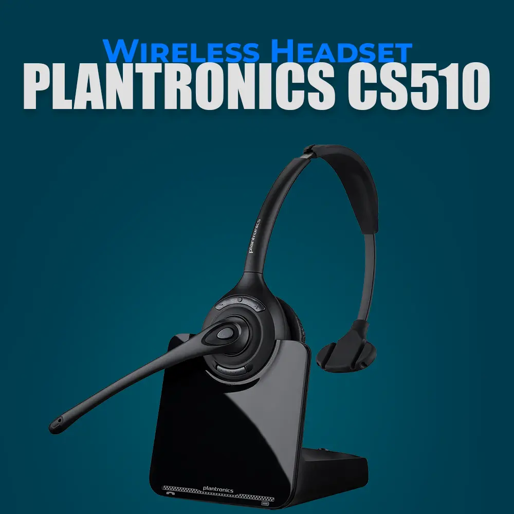 Plantronics CS510 wireless office headset placed on a clean desk, featuring a durable headband and an adjustable microphone boom, designed for professional communication and extended comfort during use.