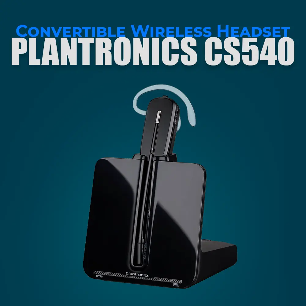 Plantronics CS540 wireless office headset placed on a desk, showcasing its sleek black design with an adjustable microphone boom, ideal for desk phone communication in professional environments.