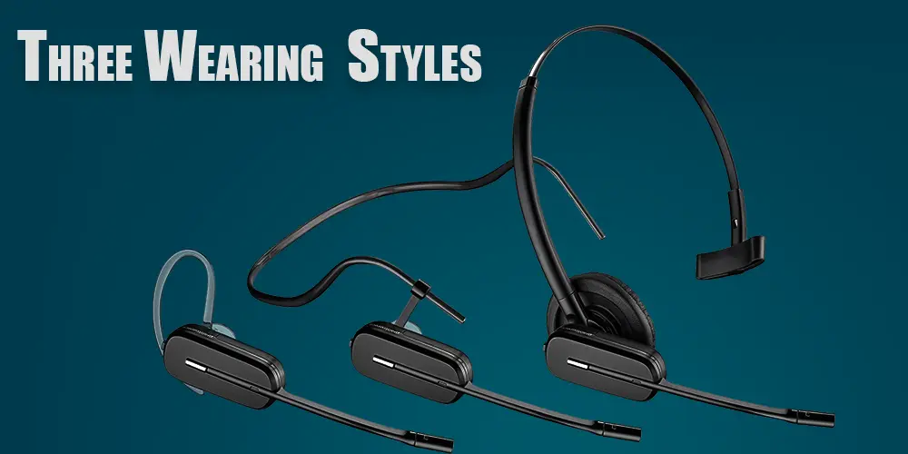 Plantronics CS540 wireless headset displaying its three versatile wearing styles: over-the-ear, over-the-head with a headband, and behind-the-neck for personalized comfort and flexibility in office use