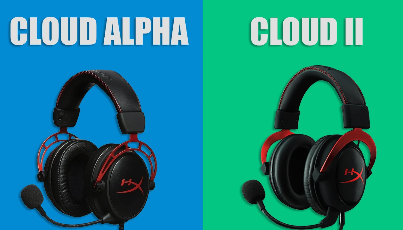 Side-by-side comparison of HyperX Cloud Alpha and HyperX Cloud 2 gaming headsets, showcasing their design, build quality, and detachable microphones.