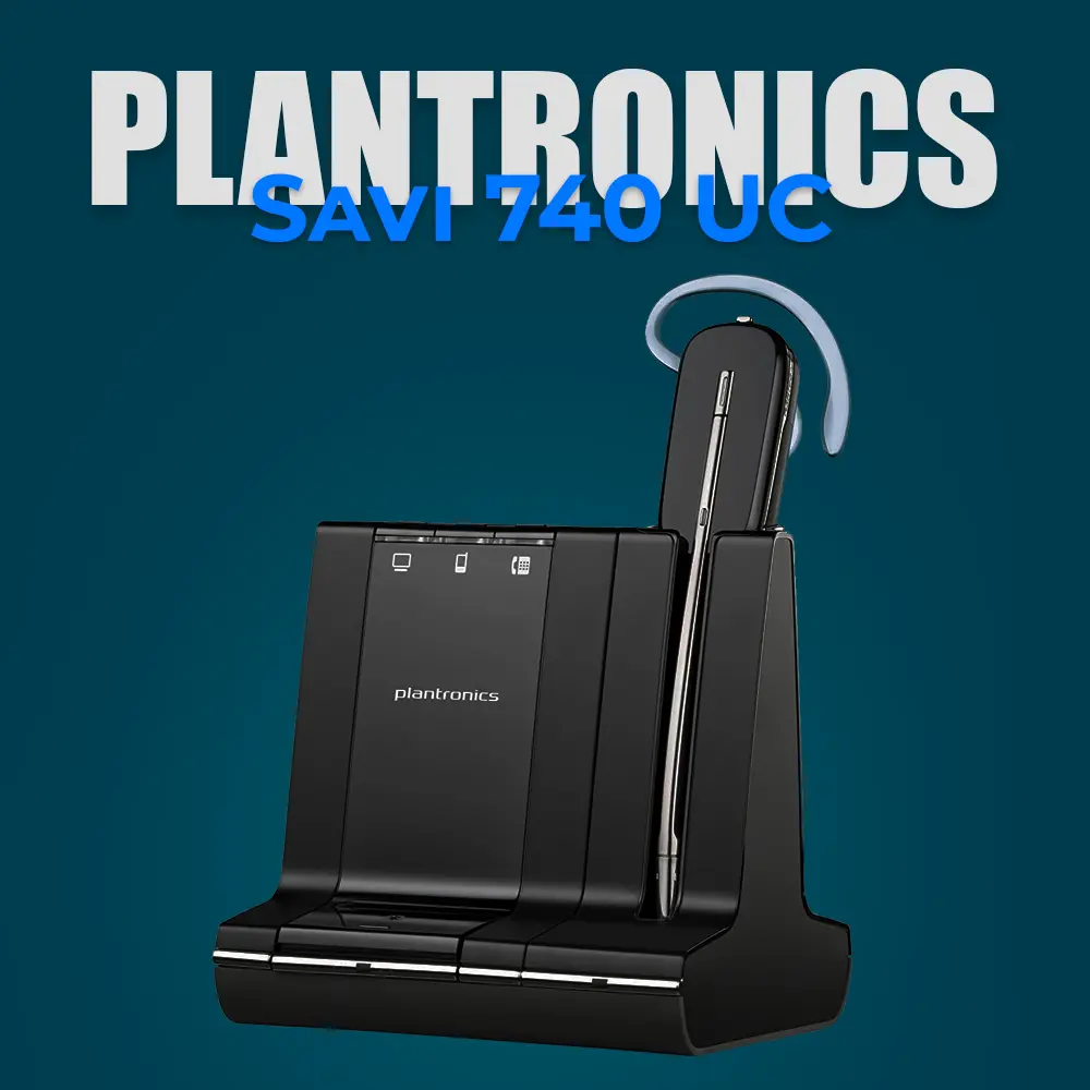 Plantronics Savi 740 wireless headset, shown on a desk with its sleek design, featuring a comfortable over-the-head headband and adjustable microphone, perfect for seamless communication in professional office environments. Its lightweight build and noise-canceling microphone ensure clear, uninterrupted calls.