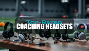 A sleek arrangement of modern coaching headsets displayed on a wooden table, featuring a variety of styles and colors, emphasizing wireless technology and ergonomic design, surrounded by a vibrant sports environment with blurred athletic gear in the background.