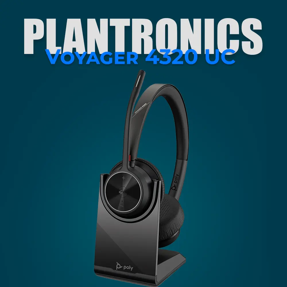 Plantronics Voyager 4320 UC wireless headset placed on a modern desk, highlighting its dual-ear design, adjustable microphone boom, and comfortable ear cushions, perfect for hybrid work environments and clear communication.