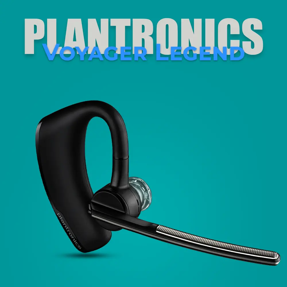 Poly Voyager Legend Bluetooth headset showcasing its sleek over-the-ear design with a boom microphone, tailored for hands-free mobile communication. Engineered for comfort and equipped with noise-canceling technology, ideal for professionals on the go.